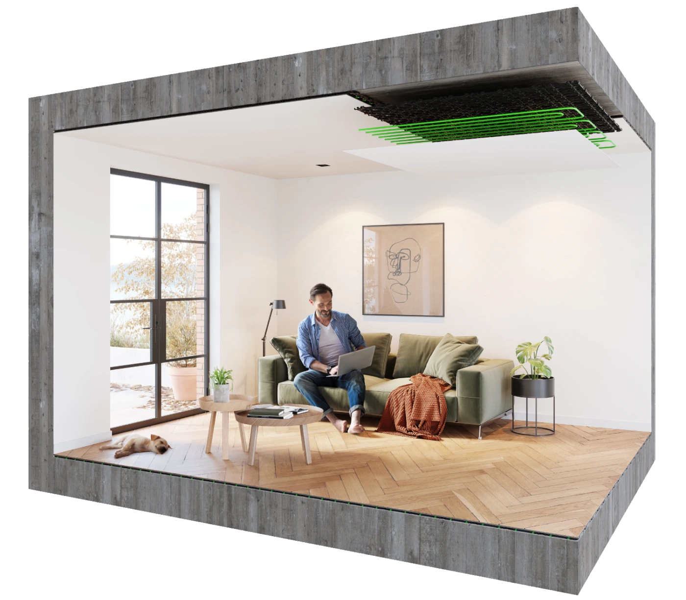 Doorsnede woonkamer plafondverwarming