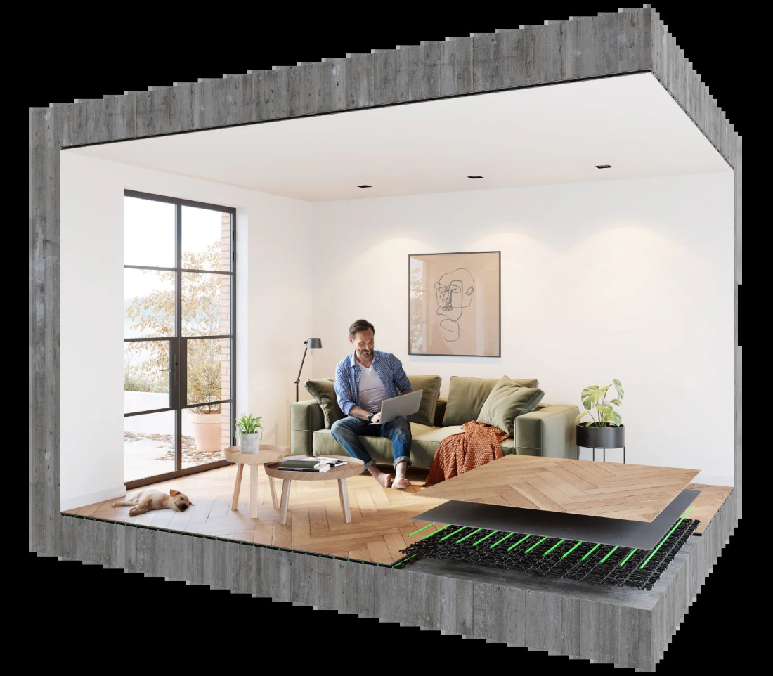 Doorsnede woonkamer SpeeTile10 systeem