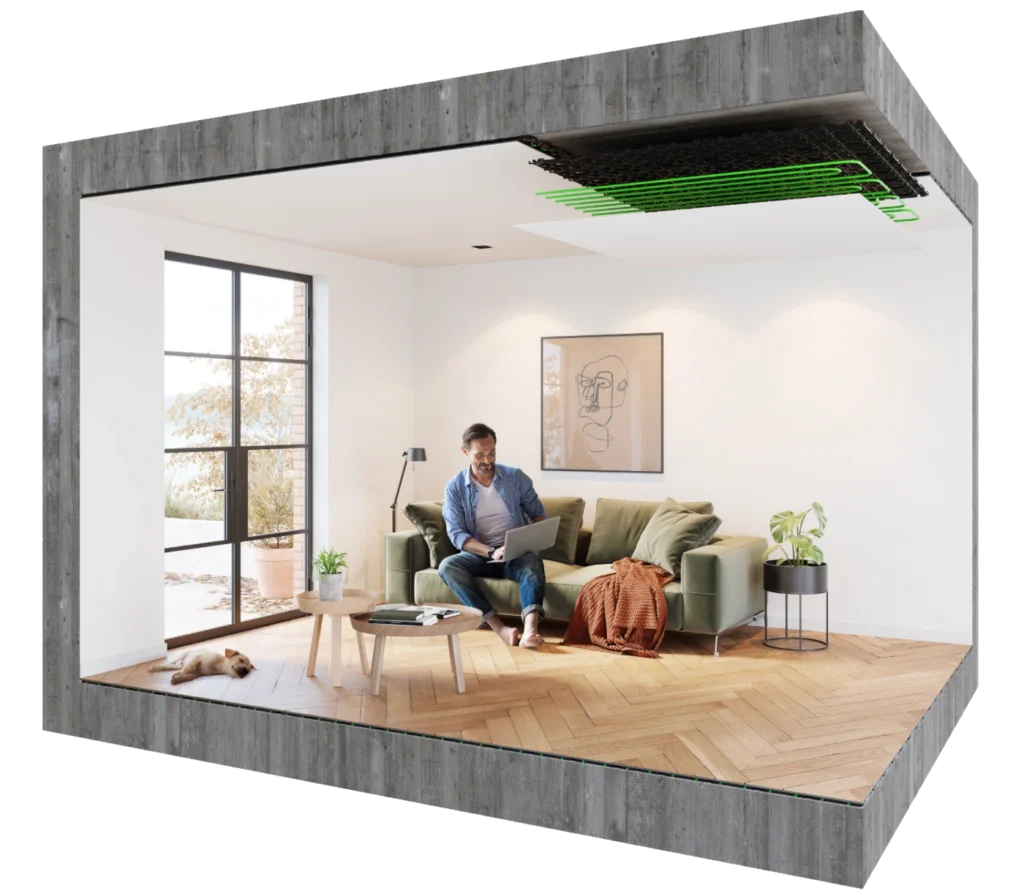 Doorsnede woonkamer plafondverwarming