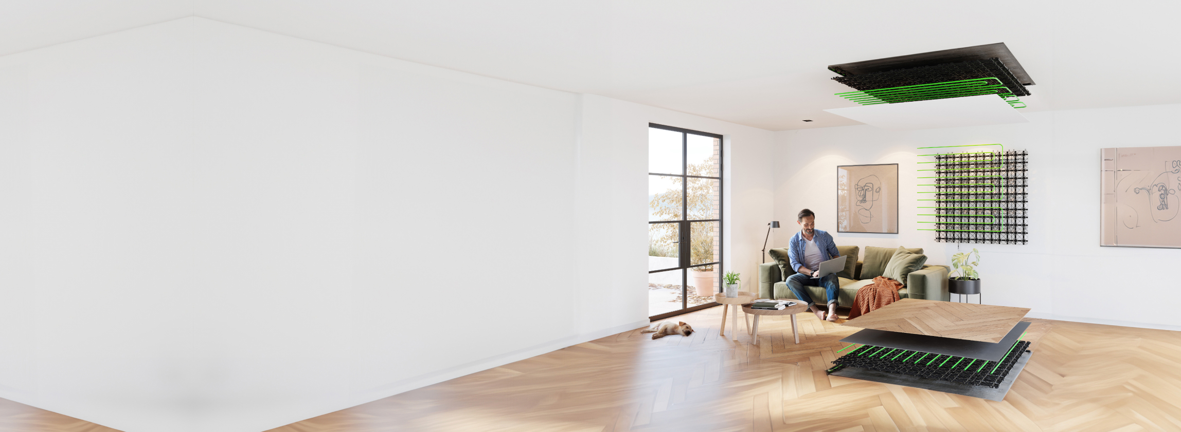 woonkamer doorsnede vloerverwarming, wandverwarming, plafondverwarming