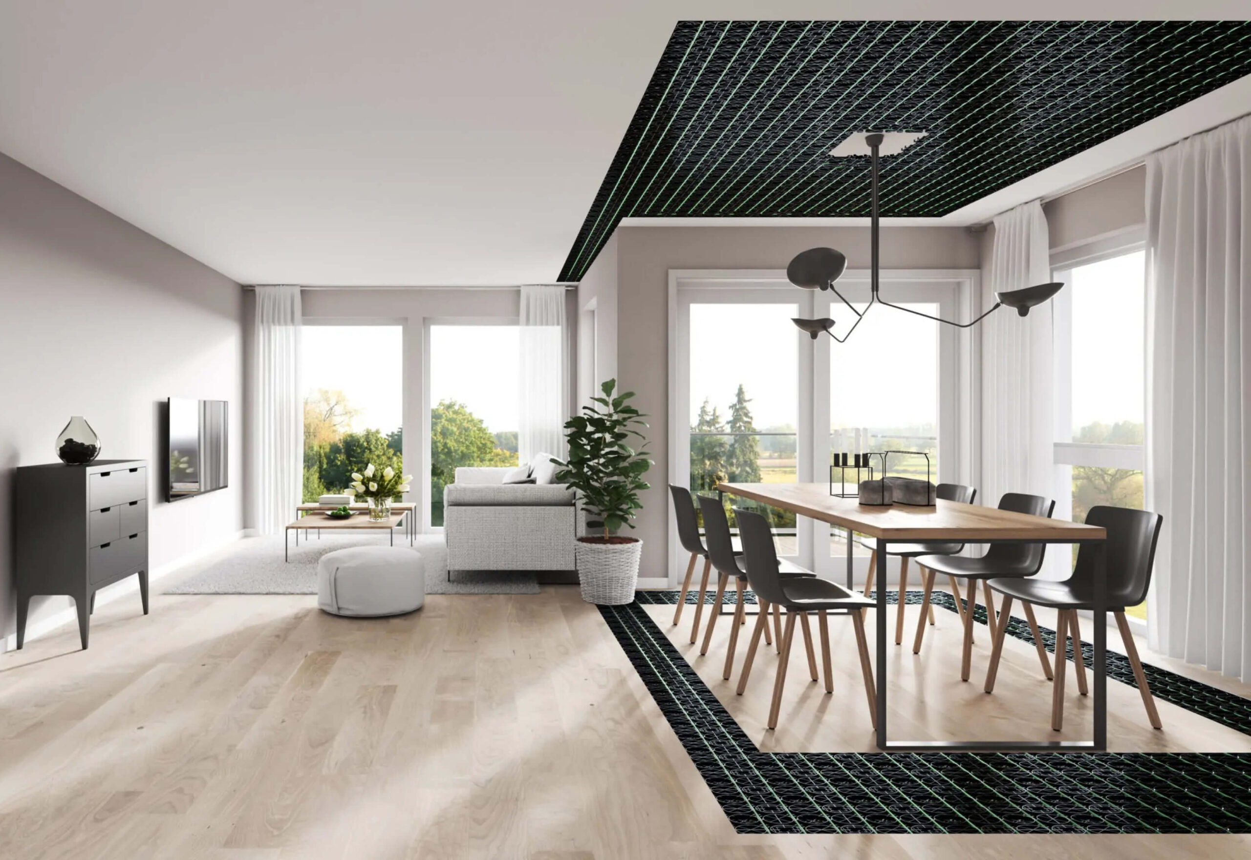 Eetkamer plafondverwarming en vloerverwarming